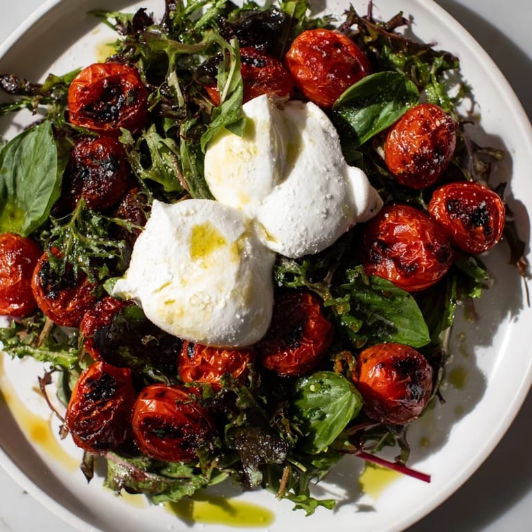 Close-up of a flavorful Charred Tomato Salad: tomatoes, burrata, and fresh basil atop greens.
