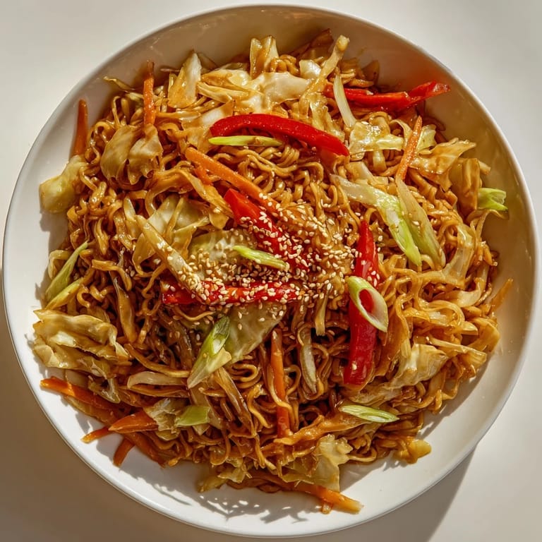 Close-up of Spicy Ramen Stir Fry: noodles glistening under a savory sauce, ready to be enjoyed.