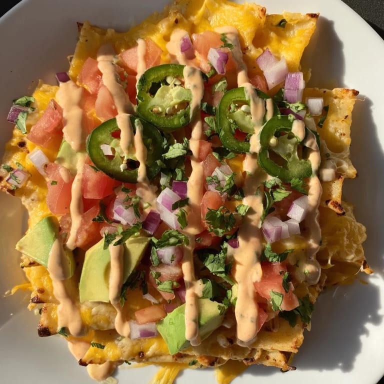 A close-up of pasta chips nachos revealing the crunchy, baked rigatoni covered in cheese and salsa.