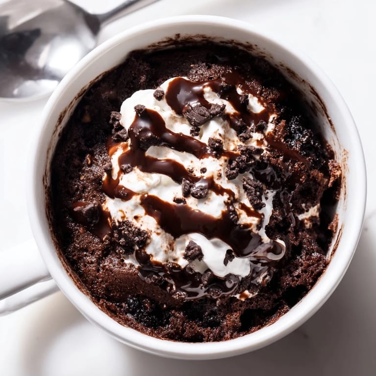 Fluffy, single-serve Oreo mug cake, ready in minutes, with a rich chocolate and cookie aroma.