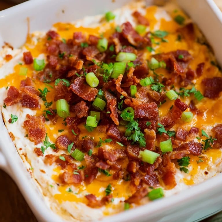 Irresistible close-up of baked Cheesy Bacon Ranch Dip, topped with extra crispy bacon bits.
