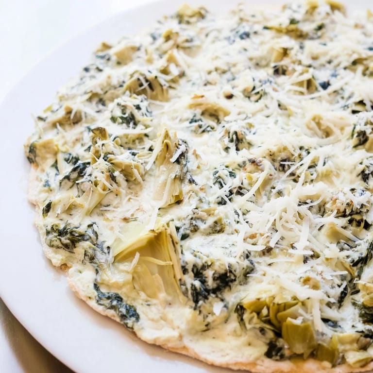A close-up of golden, baked spinach artichoke dip, perfect for sharing with friends.