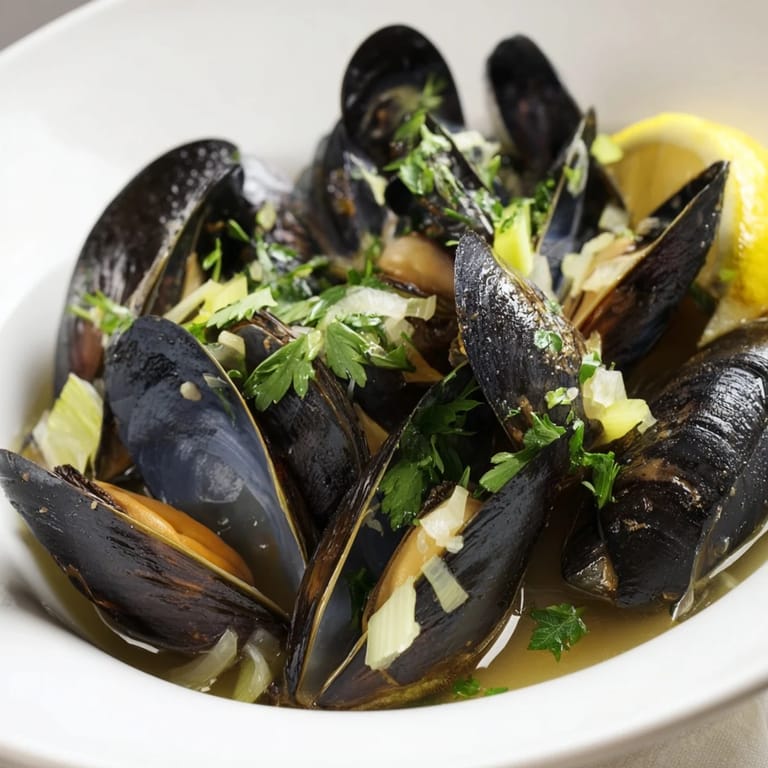 A close-up of delicious Belgian Moules Marinière, showcasing the savory broth and tender mussels.