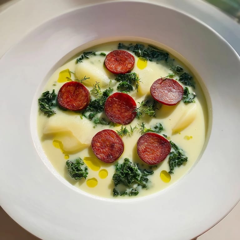 Close-up of creamy Portuguese Caldo Verde, showcasing tender kale and savory chorizo in a flavorful broth.