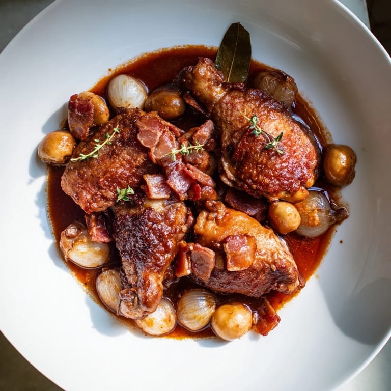 Savor the aroma: a Dutch oven filled with simmering Coq au Vin, a French chicken stew.