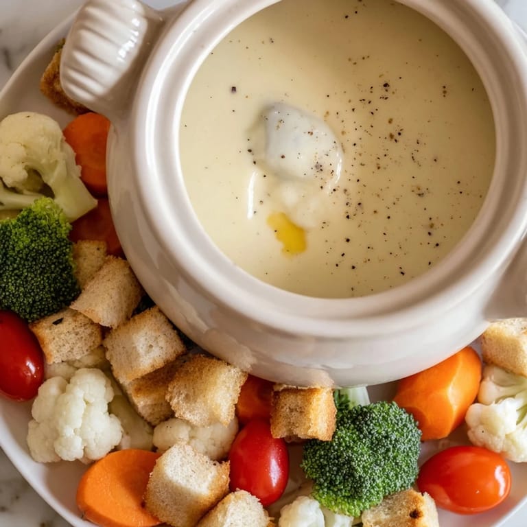 A creamy Swiss Cheese Fondue with melted Gruyère and Emmental, perfect for sharing at a gathering.
