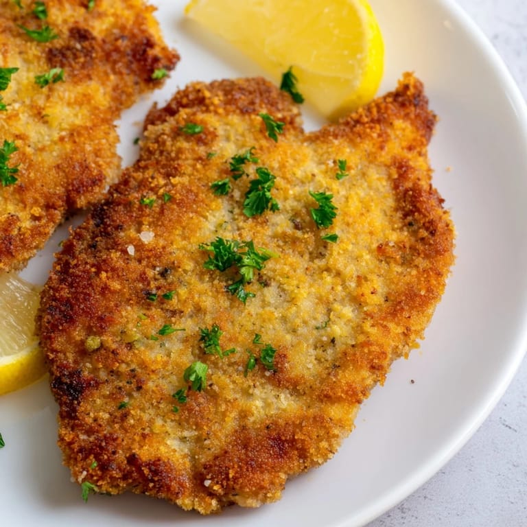 Imagine the satisfying crunch! A beautifully prepared Austrian Wiener Schnitzel, ready for serving with fresh parsley.