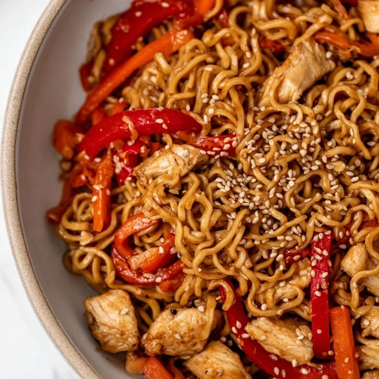 A close-up of a steaming plate of Spicy Ramen Stir-Fry tossed with fresh green onions and toasted sesame seeds.