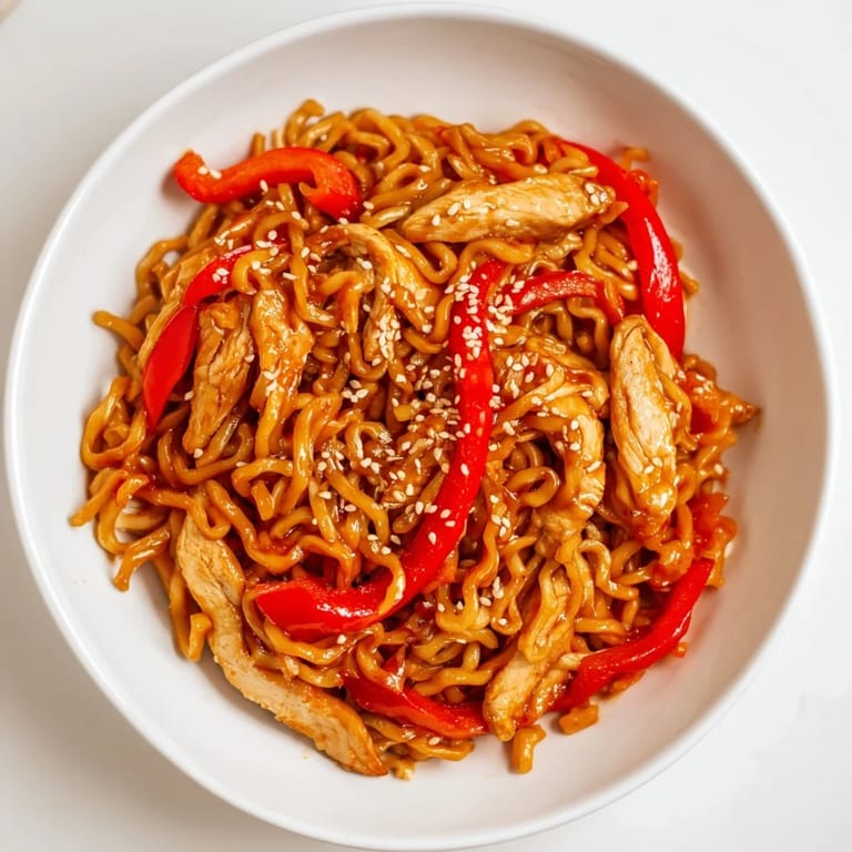 Family-style serving of homemade Spicy Ramen Stir-Fry, perfect for quick weeknight dinners with a fiery kick.