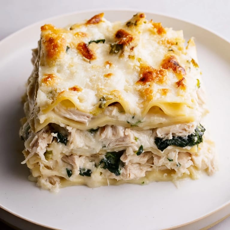Close-up of Chicken Alfredo Lasagna showing tender noodles, rich Alfredo sauce, and gooey cheese in every bite.