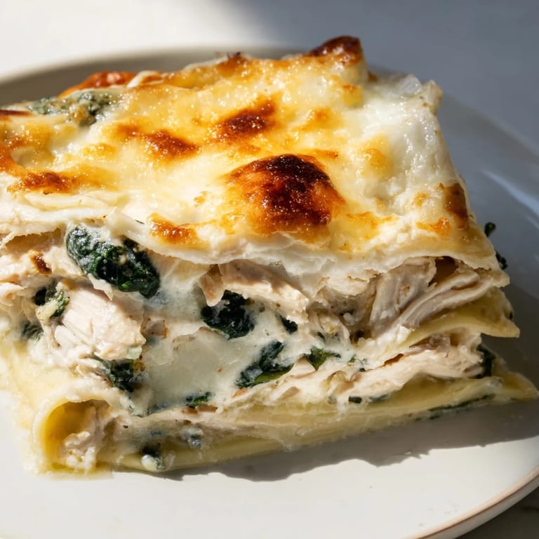 A slice of Chicken Alfredo Lasagna rests on a white plate, garnished with fresh parsley and ready to serve.
