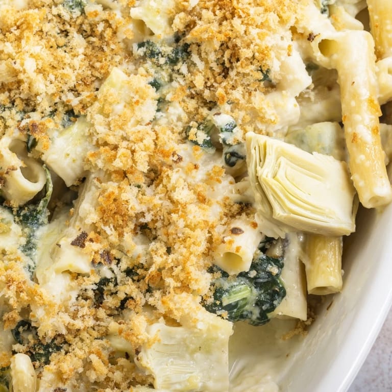 A serving of Artichoke Pasta Bake on a white plate, revealing creamy sauce with spinach and artichokes.
