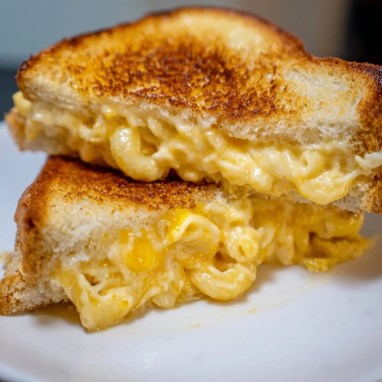 An open-faced Mac & Cheese Grilled Cheese sandwich showing crispy bread edges and a forkful of cheesy macaroni ready to be eaten.