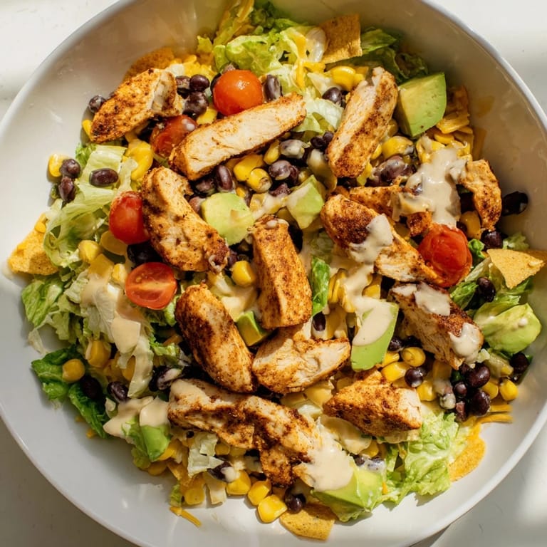 Crunchy Taco Chicken Salad topped with shredded cheese, green onions, and crispy taco shell pieces on a rustic table.