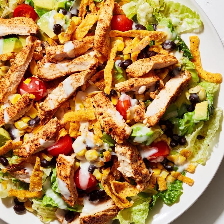 Serving suggestion for Crunchy Taco Chicken Salad drizzled with creamy lime dressing alongside a colorful Tex-Mex meal.