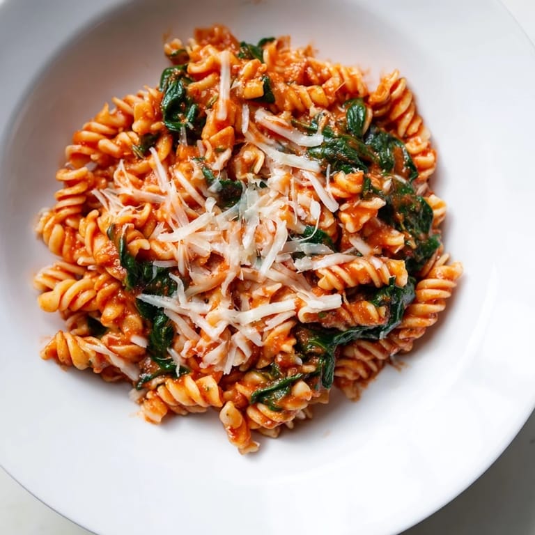 Freshly cooked Tomato Spinach One-Pot Rotini garnished with grated Parmesan cheese, ready to be served alongside a slice of crusty artisan bread.
