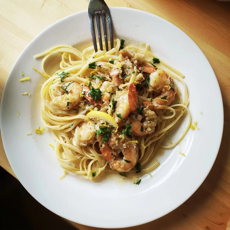 A close-up of zesty Lemon Garlic Shrimp & Chicken Pasta, garnished with fresh parsley and lemon wedges, ready for a cozy weeknight meal.  