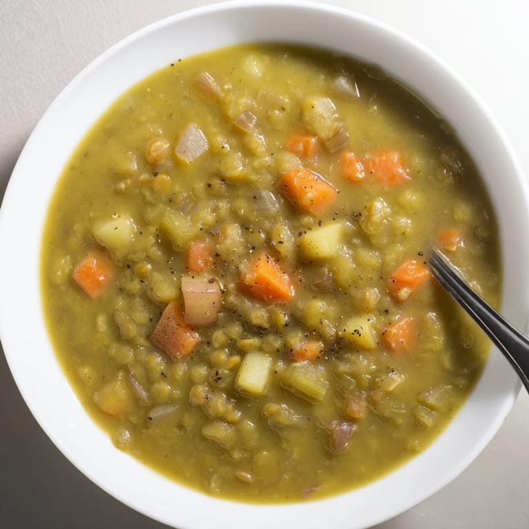 Classic split pea soup, showcasing a rich, savory aroma perfect for dipping bread.