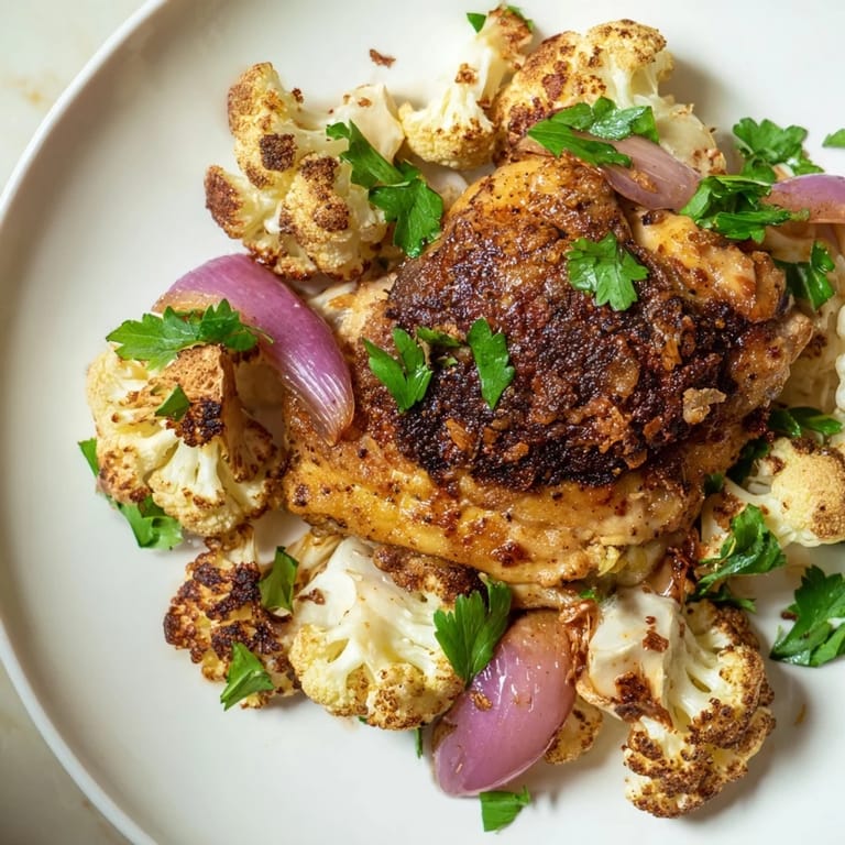 Close-up of tender chicken and crispy cauliflower roasted together, garnished with fresh parsley and lemon wedges on a bed of white rice.