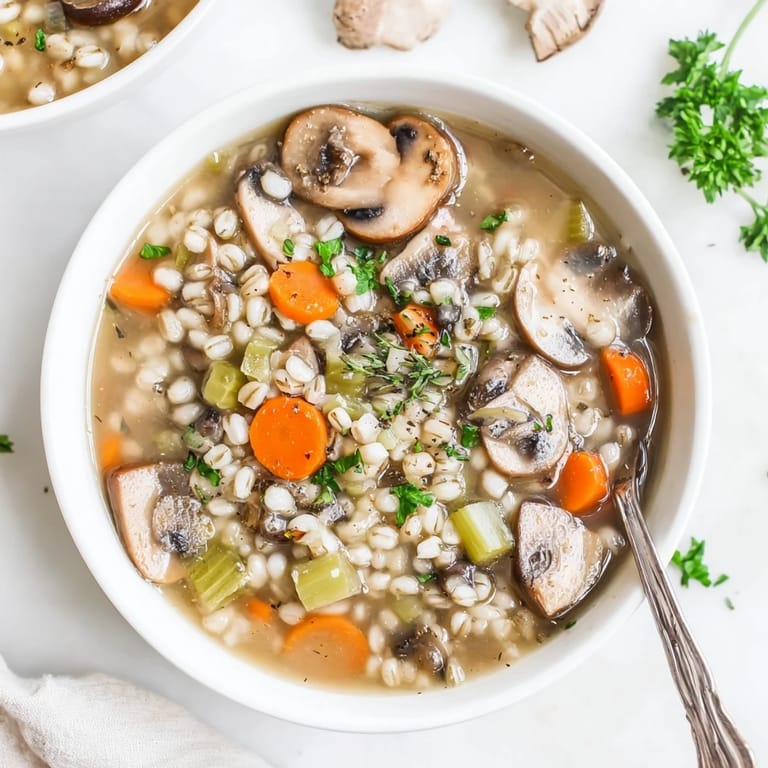 Mushroom and barley soup simmering in a large pot, featuring tender mushrooms, carrots, and celery with aromatic herbs.