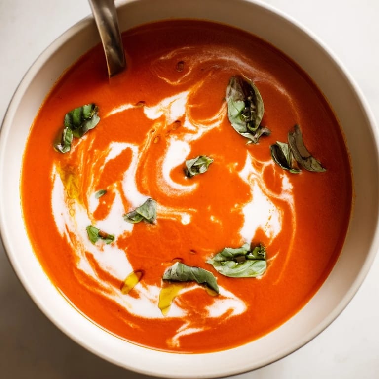 Rustic pot of homemade tomato and basil soup simmering, ready to be ladled into a bowl with crusty bread on the side.