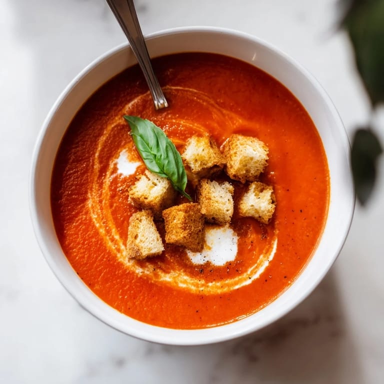 Roasted Tomato Soup garnished with crispy croutons and fresh basil leaves.
