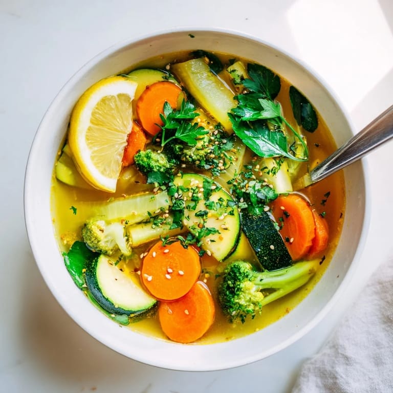 Hearty, steaming bowl of Collagen-Boosting Broth featuring tender carrots, celery, and spinach in a rich, aromatic bone broth garnished with sesame seeds and cilantro.