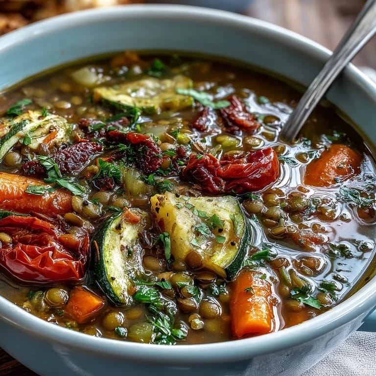 A close-up of rich Lentil and Vegetable Soup in a rustic bowl, topped with a squeeze of fresh lemon.