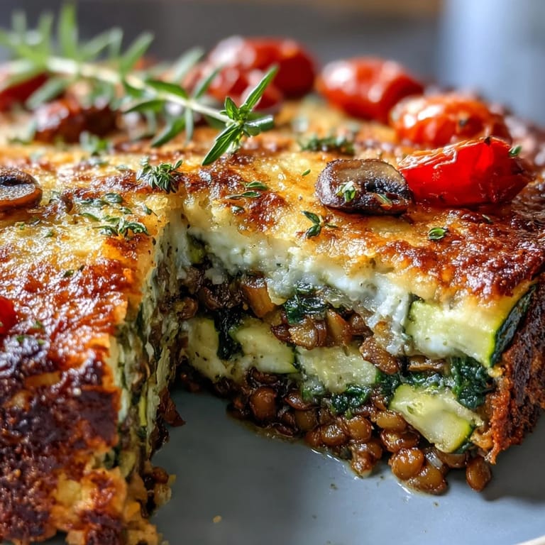 Green Lentil and Vegetable Casserole topped with melted cheese, sitting on a wooden table with fresh herbs nearby.