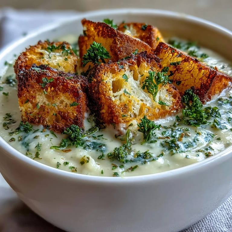 Close-up of velvety Cauliflower and Broccoli Soup garnished with herbs and croutons, a comforting vegetarian dinner idea for fall.