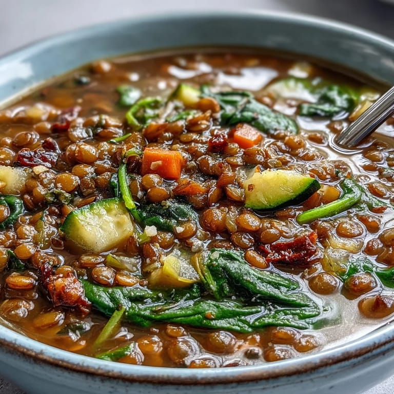Spoonful of hearty Lentil Soup being lifted, showcasing tender greens and a savory, steaming texture.