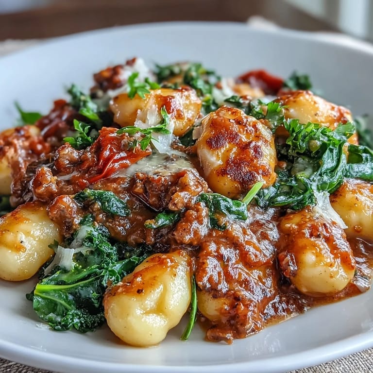 Steaming skillet of Sausage Gnocchi with Kale, featuring tender potato dumplings, spicy sausage crumbles, and bright greens.