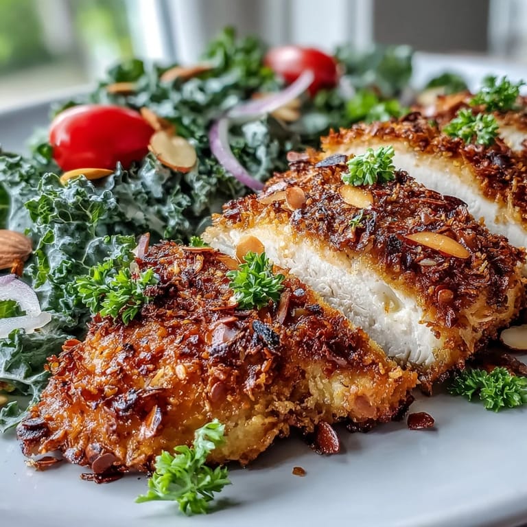 Juicy baked almond-crusted chicken paired with a fresh kale sumac salad for a wholesome dinner.