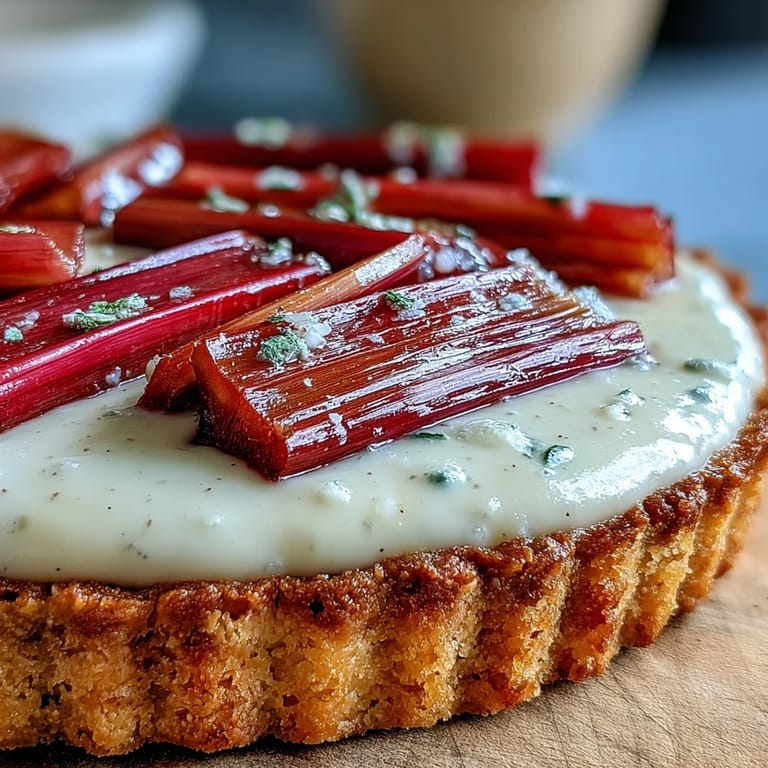 Rustic white chocolate and elderflower custard tart topped with tangy roasted rhubarb, perfect for a spring celebration.
