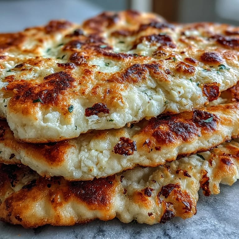 Two warm pieces of The Best Easy Garlic Naan Bread resting beside a rich curry bowl.