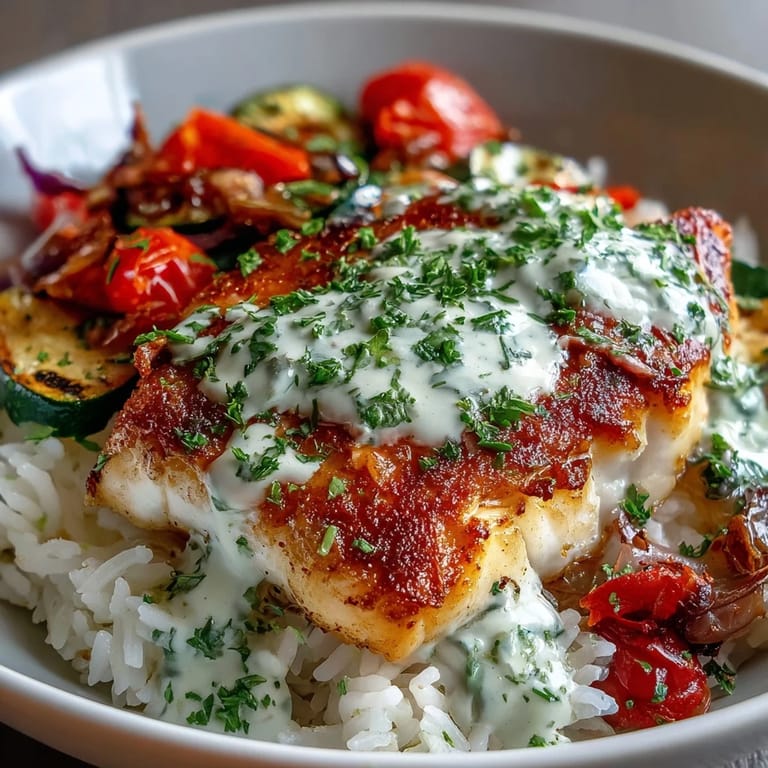 Healthy Pan-Seared Fish Bowl topped with tender fish, roasted zucchini and peppers, and bright parsley garnish on a table.