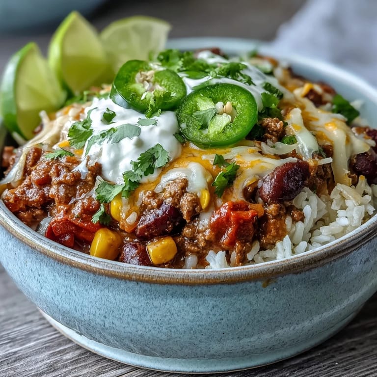 A comforting serving of ground beef and bean chili over grains, featuring vibrant red and green bell peppers and a sprinkle of jalapeños for heat.