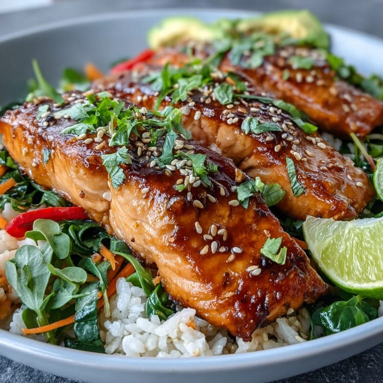 Hot Soy Ginger Salmon Bowl with glazed salmon, steamed jasmine rice, and vibrant stir-fried vegetables, served for dinner.