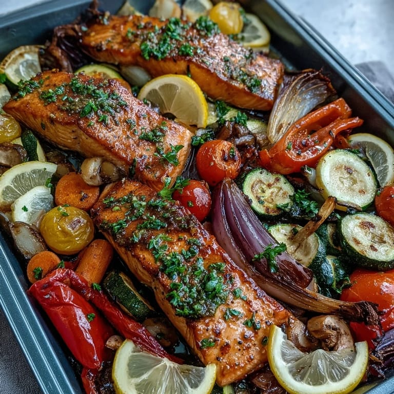 A close-up view of the Sheet Pan Salmon and Veggies Bowl showing juicy cherry tomatoes, zucchini, and perfectly flaky salmon seasoned with herbs.