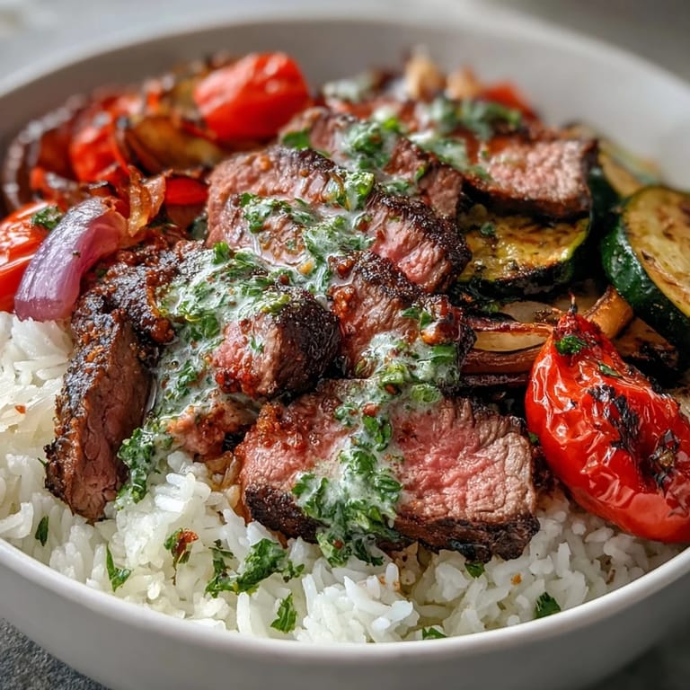 This Grilled Steak Bowl features juicy steak, roasted veggies, and a bright green drizzle of chimichurri sauce on a bed of rice.