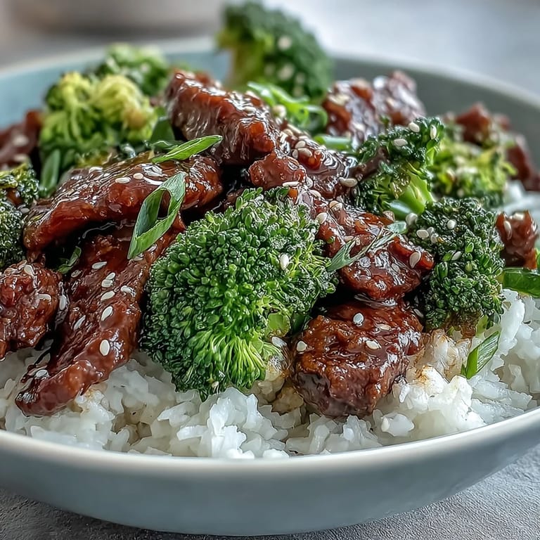Hearty Beef and Broccoli Bowl features tender meat and crisp vegetables, ideal for a quick weeknight dinner with a drizzle of sesame oil.  