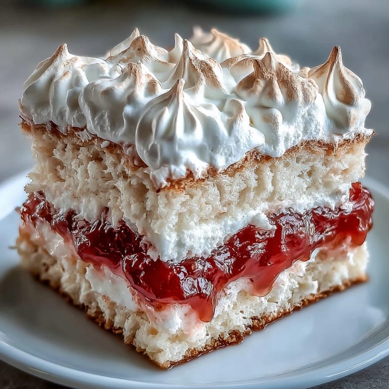 Close-up on a moist slice of Homemade Brazo Gitano, highlighting the glossy meringue topping and sweet guava swirl.