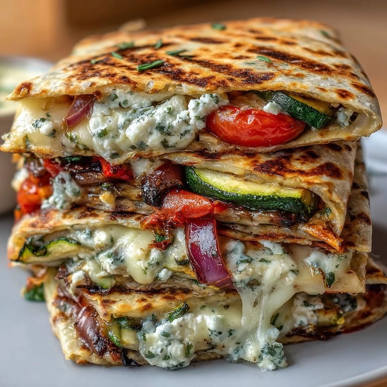 A close-up of Grilled Mediterranean Veggie Quesadillas showcasing charred vegetables and gooey mozzarella.