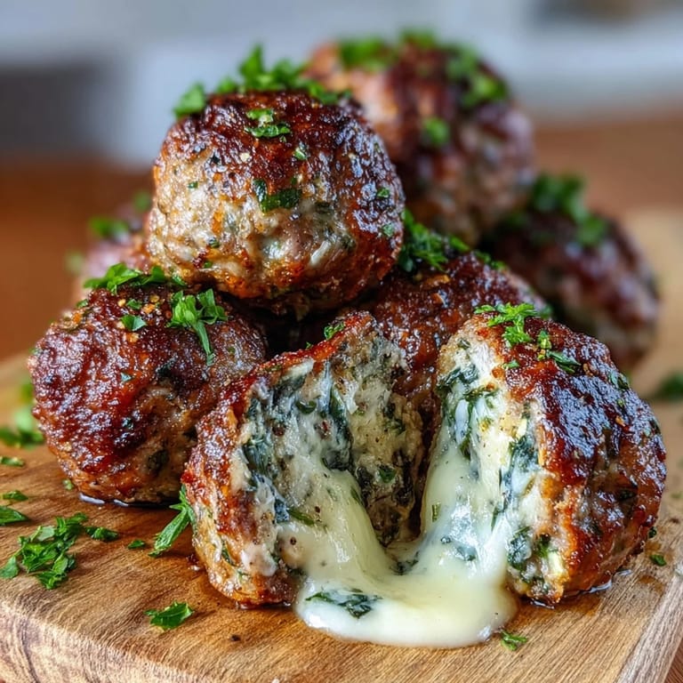Plated Spinach Garlic Meatballs served over twirled spaghetti, ready to be enjoyed with a sprinkle of extra Parmesan.