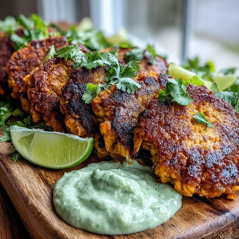 Golden Crispy Sweet Potato & Red Lentil Patties arranged on a rustic plate with a drizzle of green avocado sauce.