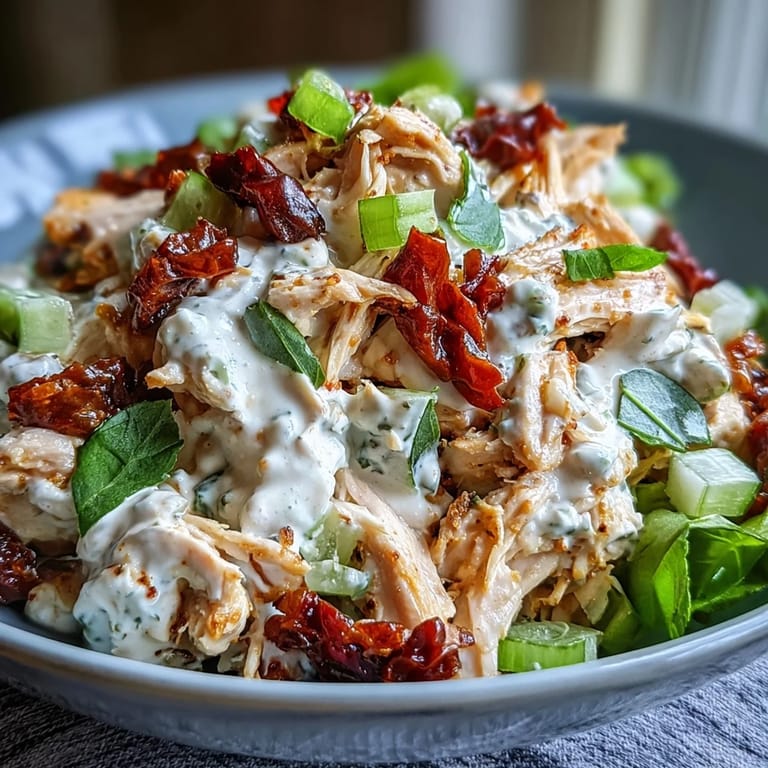 Sun-Dried Tomato Chicken Salad served on crunchy crackers for a protein-packed lunch. 