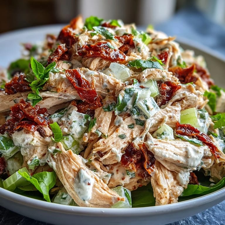 A bowl of Sun-Dried Tomato Chicken Salad with vibrant red tomatoes and fresh basil.