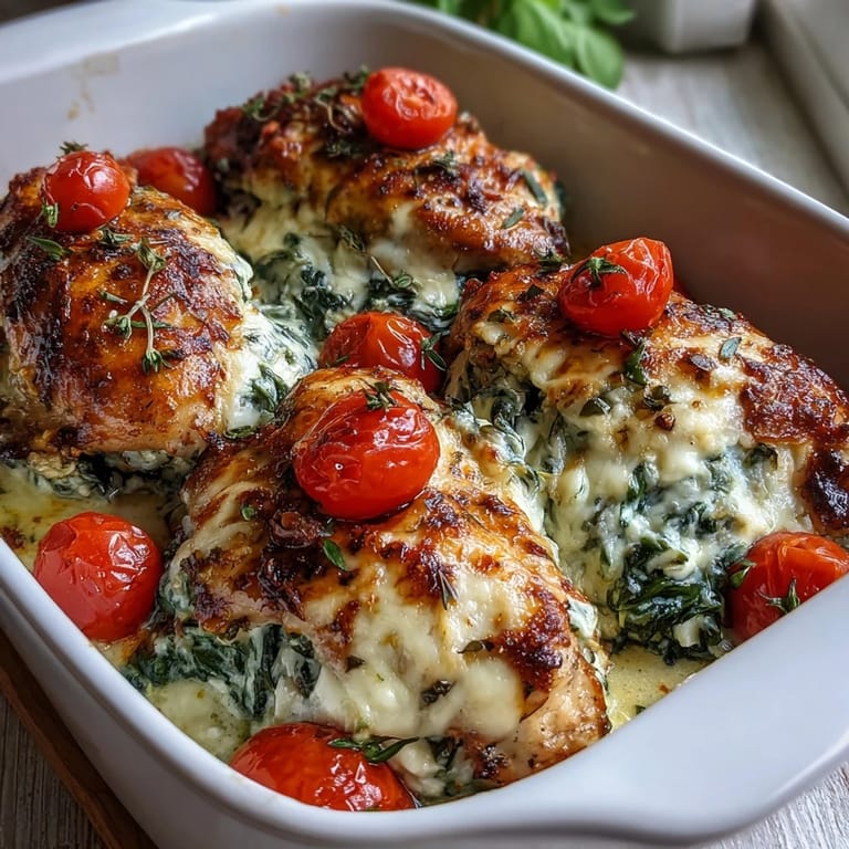 Golden chicken breasts baked with spinach, tomatoes, and yogurt sauce, plated alongside roasted vegetables for a wholesome low-carb dinner.