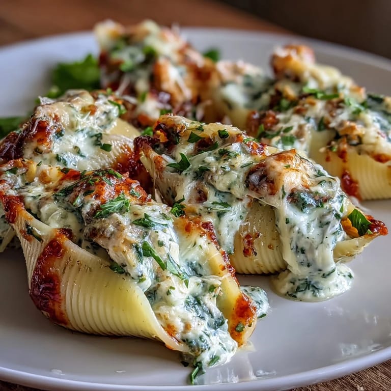 Tender jumbo pasta shells filled with creamy pesto chicken and ricotta, resting in rich marinara sauce.