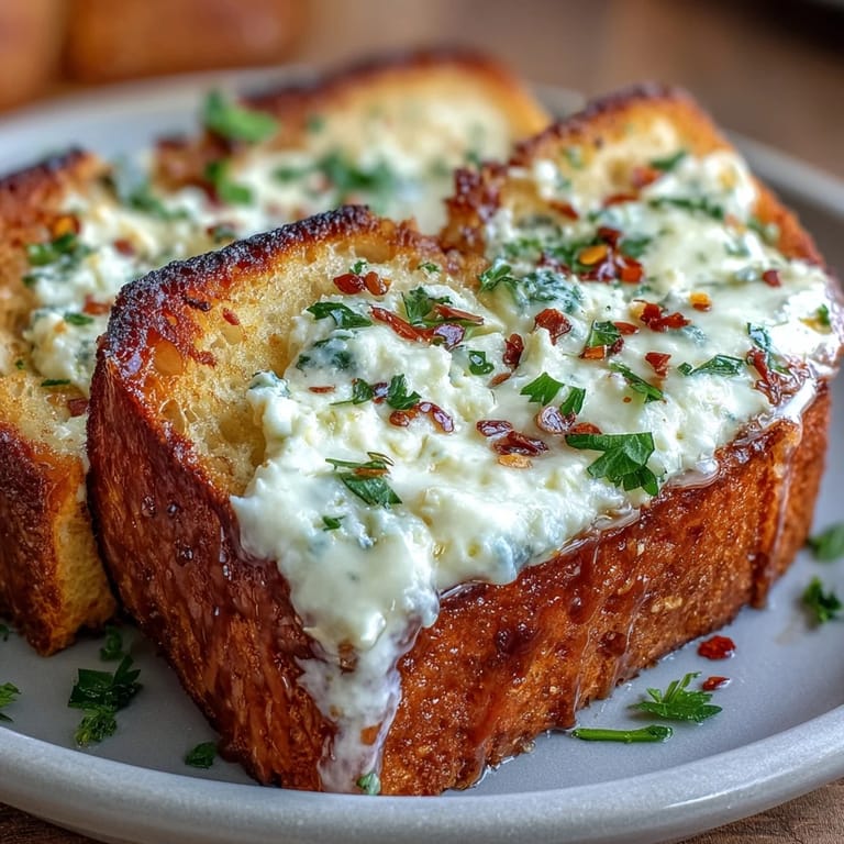 Freshly baked Hot Honey Ricotta Garlic Bread with golden edges, a rich ricotta spread, and a vibrant hot honey glaze.